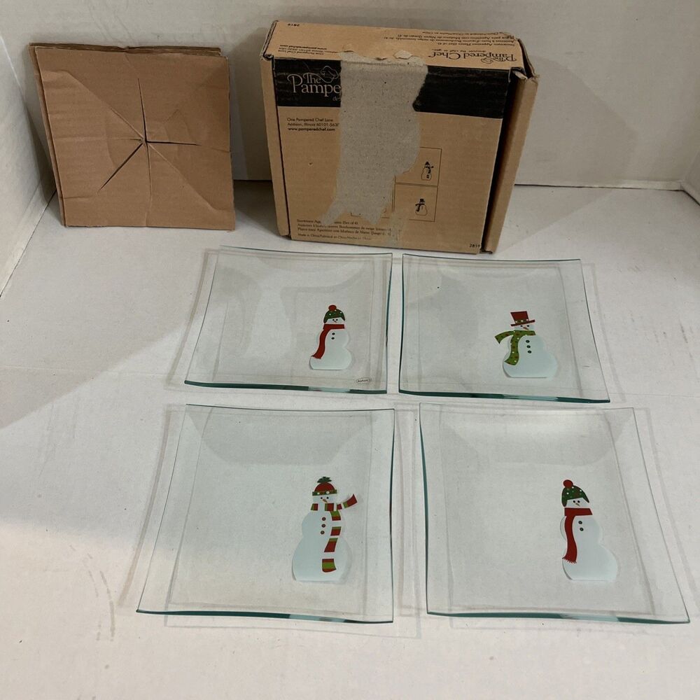 Pampered Chef Snowman Appetizer Plate Set Of 4 #2819 Square Glass